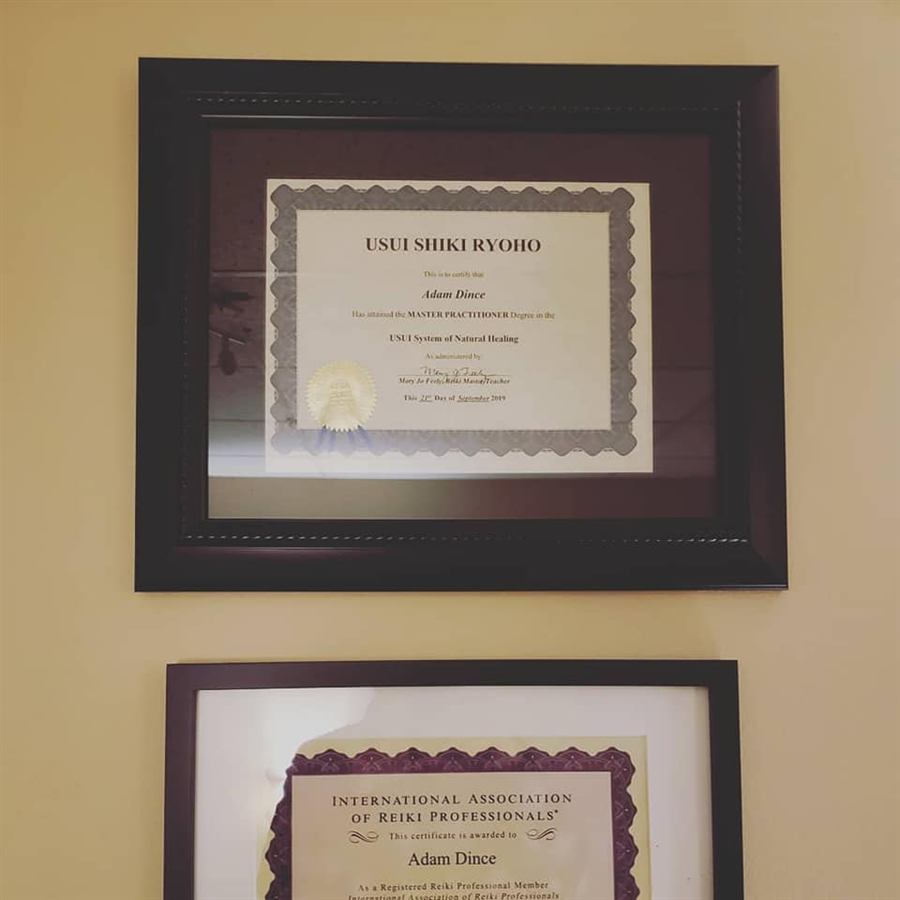 Framed Usui Shiki Ryoho Reiki Master and International Association of Reiki Professionals certificates